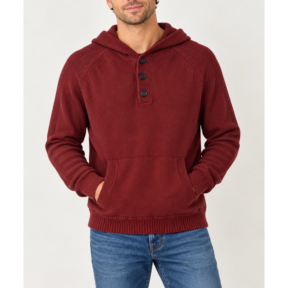 Flag & Anthem Mens Burgundy Button Sweater Hoodie Kangaroo Pocket Medium New